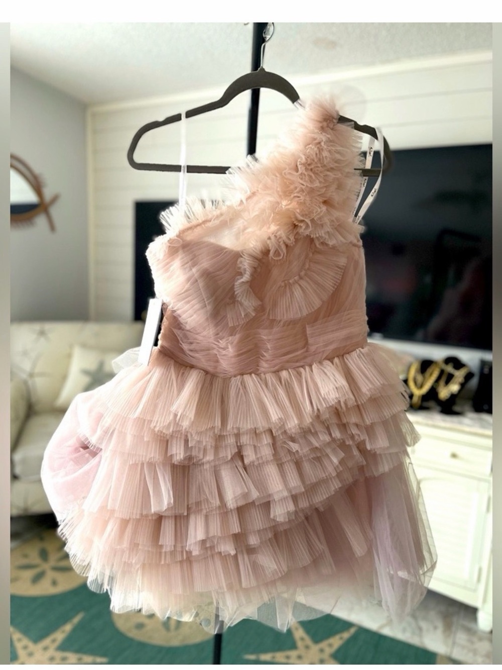 Mac Duggal Blush Pink One-Shoulder Tiered Tulle Dress